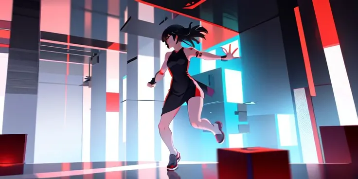 fashion photography, k-on!, a woman inside of a cube, Asian woman, arm tattoo, short dress, sleeveless kimono, running on a ledge, surrounded by abstract red and white geometry, in a futuristic city, (rule of thirds), motion lines, mirrorsedge style, simple cartoon anime art style, digital line art, Ultra-HD-details <lora:MIRRORSEDGE-STYLE_v2_by_redblasterz:.85>