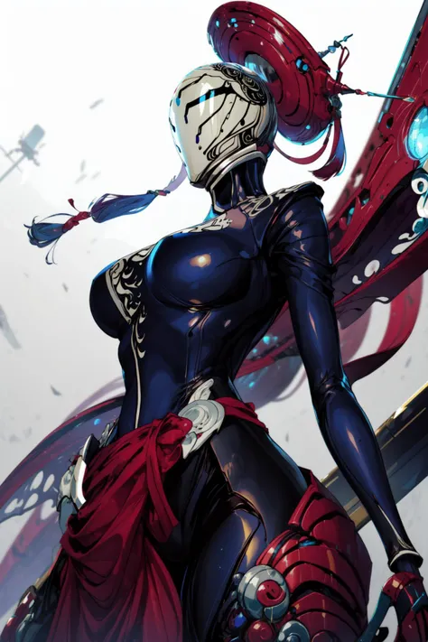masterpiece,best quality,1girl,strega,bodysuit,helmet,standing,floating objects,waist guard,pelvic curtain,hair ornament,tassel,looking at viewer,simple background,from below,<lora:TrinityStrega:0.8>,