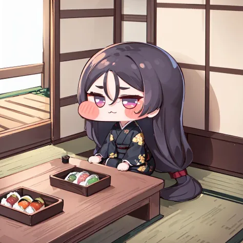 masterpiece,best quality,1girl,chibi,minamoto no raikou \(fate\),long hair,:3,sitting,(sushi),tatami,indoors,<lora:opinew6:1>,<lora:CHAR-FGO-Minamoto no Raikou-Raikou_Hard-Trauter:0.5>,