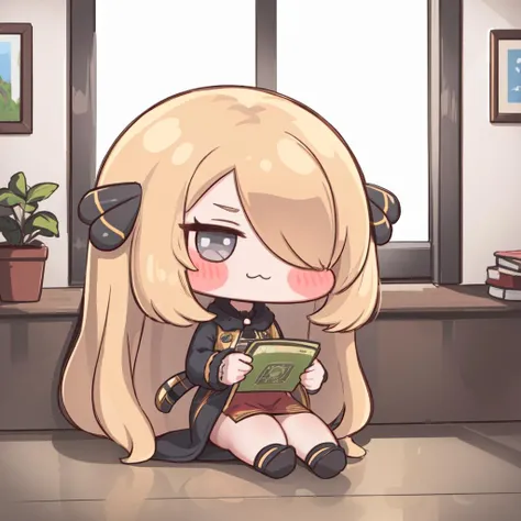 masterpiece,best quality,1girl,chibi,cynthia,blonde hair,very long hair,hair over one eye,wavy hair,grey eyes,hair ornament,:3,sitting,indoors,<lora:opinew6:1>,<lora:cynthia:1>,