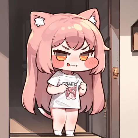 masterpiece,best quality,1girl,chibi,cat girl,cat ears,cat tail,pink hair,long hair,(white t-shirt,oversized clothes,no pants),smirk,fang,<lora:opinew6:1>,