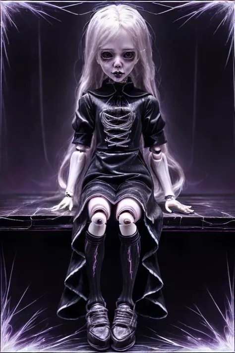 <lora:luts:.8> japanese horror girl, doll, sitting on a shelf, scary, menacing, pale, long black straight hair, black stained white dress, full body shot, creepy, eerie vibe, CCTV, <lyco:DonMV01dm4g1c:0.7>
