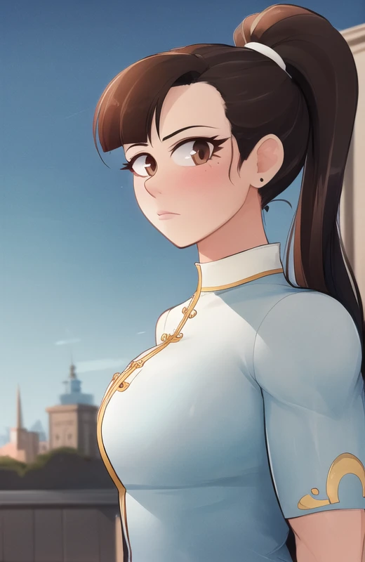 masterpiece, best quality, 1girl, detailed face, upper body, solo, ((muscular female)), chun-li, brown eyes, red dress, intricate details, embarrassed, looking at viewer, ((cartoon))