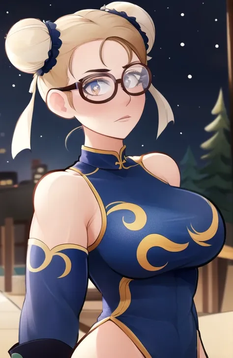 masterpiece, best quality, 1girl, detailed face, highly detailed eyes, (upper body), big round pupils, solo, ((muscular female)), bodybuilder, chun-li, (brown eyes), blue chinese dress, bare shoulders, double bun, glasses, looking at viewer, street fighter, forest, night, cute, ((cartoon))