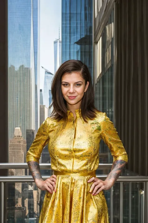 A stunning intricate full color portrait of a 33 year old woman,wearing a yellow dress, Acclaimed One World Trade Center, NYC, masses of tourists, HDR Foto,epic character composition,by ilya kuvshinov, alessio albi, nina masic,sharp focus, subsurface scattering, f2, 35mm, film grain <lora:BonnieRo:1>
