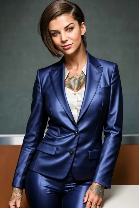 A stunning intricate full color portrait of a woman, wearing a formal business suit, in a office, having fun, epic character composition,by ilya kuvshinov, alessio albi, nina masic,sharp focus, natural lighting, subsurface scattering, f2, 35mm, film grain, portait, closeup, very detailed skin texture<lora:ShrimaMalati:1>