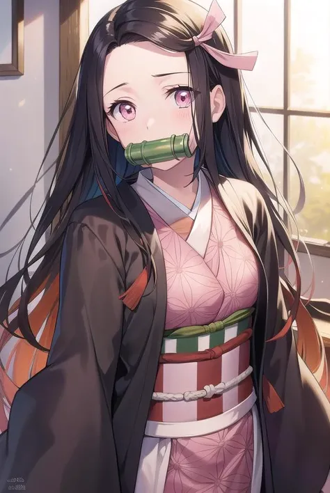 nezukokamado, <lora:nezukokamadotest:1>,
nezuko kamado, bamboo, (bit gag:1.5), black hair, (forehead:1.5), gag, gagged, hair ribbon, long hair, multicolored hair, (pink eyes:1.5), orange hair, slit pupils, wavy hair, two-tone hair,
BREAK asa no ha (pattern), checkered sash, haori, japanese clothes, kimono, long sleeves, obi, pink kimono, sash, wariza, wide sleeves,
BREAK looking at viewer,
BREAK indoors,
BREAK <lora:GoodHands-vanilla:1>, (masterpiece:1.2), best quality, high resolution, unity 8k wallpaper, (illustration:0.8), (beautiful detailed eyes:1.6), extremely detailed face, perfect lighting, extremely detailed CG, (perfect hands, perfect anatomy),