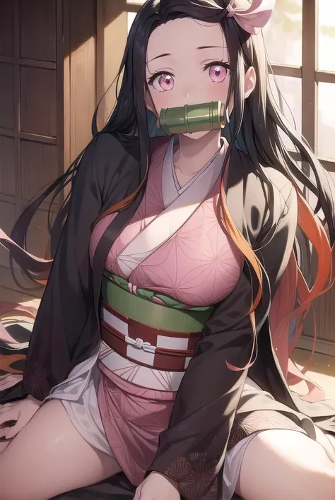 nezukokamado, <lora:nezukokamadotest:1>,
nezuko kamado, bamboo, (bit gag:1.5), black hair, (forehead:1.5), gag, gagged, hair ribbon, long hair, multicolored hair, (pink eyes:1.5), orange hair, slit pupils, wavy hair, two-tone hair,
BREAK asa no ha (pattern), checkered sash, haori, japanese clothes, kimono, long sleeves, obi, pink kimono, sash, wariza,  wide sleeves,
BREAK looking at viewer,
BREAK indoors,
BREAK <lora:GoodHands-vanilla:1>, (masterpiece:1.2), best quality, high resolution, unity 8k wallpaper, (illustration:0.8), (beautiful detailed eyes:1.6), extremely detailed face, perfect lighting, extremely detailed CG, (perfect hands, perfect anatomy),