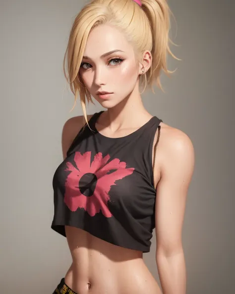 (1girl), medium breasts, tan, dewy skin, sweaty skin, wavy blonde hair, punk tshirt, punk girl