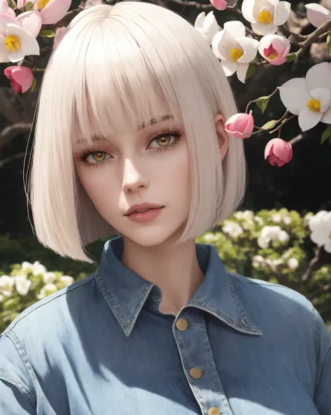 pretty 1girl, absurdres, 8k uhd, platinum blonde hair, bob cut, medium breasts, black tshirt, denim shorts, garden background, flowers, magnolias, apple tree, close up portrait
