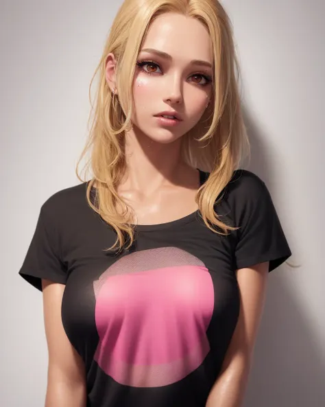 (1girl), medium breasts, tan, dewy skin, sweaty skin, wavy blonde hair, punk tshirt, punk girl
