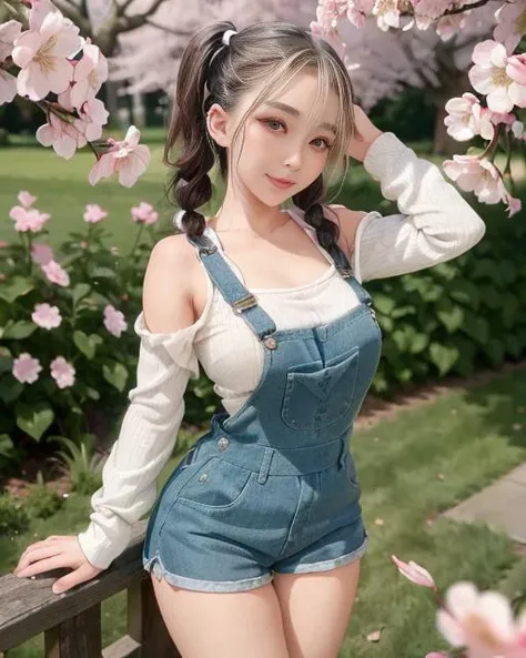 pretty 1girl, absurdres, (8k, RAW photo, best quality, masterpiece:1.2), (realistic, photo-realistic:1.37), twin pigtails hair, medium breasts, overalls, side boob,japan garden background, cherry blossom, cropped legs, smile, full lips