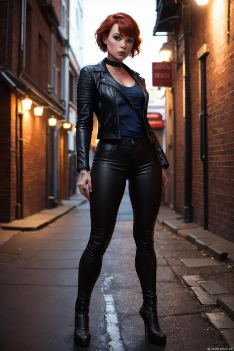 award winning photo, night, extremely detailed, amazing, fine detail, highly detailed woman, (extremely detailed eyes and face), full body, ((wide open black leather jacket)), (blue jeans), fitness, short red hair, freckles, by Frank Cho and Terry Dodson, wrist watch, (dark alley, dark night), (black heavy metal tanktop)