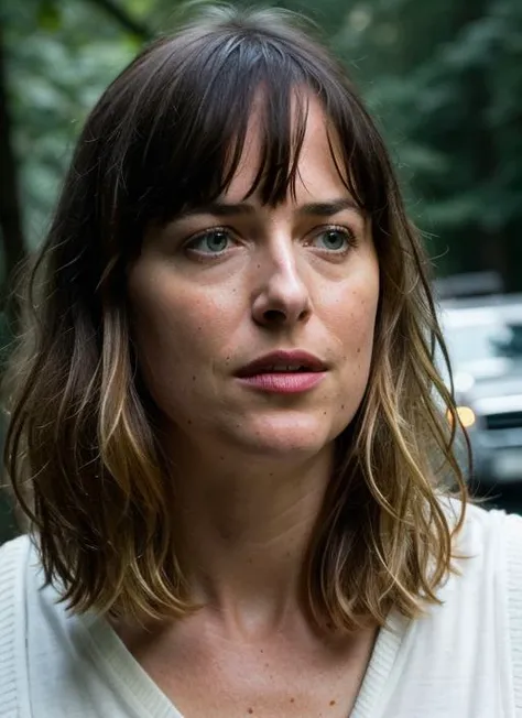 RAW photo of sks woman , natural lighting, 8k uhd, dslr, soft lighting, high quality, film grain, Fujifilm XT3, by Gregory Crewdson, <lora:locon_dakotajohnson_v1_from_v1_64_32:1>