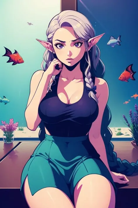 girl, Mermaid, (Raining,Scifi Background),Chubby,Very Big Breasts,Over the shoulder,Very Long Hair,fish,aquarium,Braid,(violet Peplum,lavender Bell Bottoms:1.3),idolmaster cinderella girls,Digital Watch ,(masterpiece,detailed,highres:1.4) <lora:chameleon:0.7>