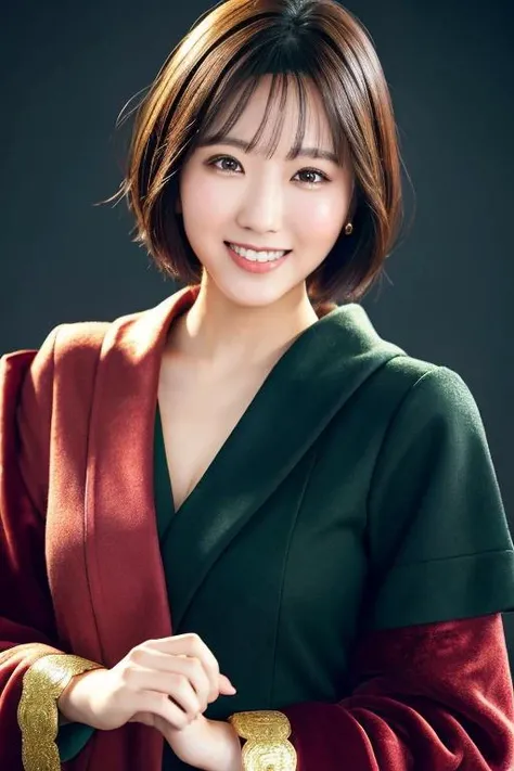 a beautiful empress portrait, smiling, happy, short hair, perfect brown eyes, with a brilliant, clothes Santa robes, everything Christmas, snow, symmetrical, dramatic studio lighting, rococo, baroque, greens, asian, hyperrealism, closeup, D&D, fantasy, intricate, elegant, highly detailed, digital painting, artstation, octane render, 8k, concept art, matte, sharp focus