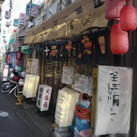 best quality, ultra-detailed, illustration,
sakaba, storefront, japan, bicycle, scenery, outdoors, road, street, sign, lantern, paper lantern, banner, shop, building, food, power lines, alley, city, day, realistic, photo background, photo (medium)
<lora:JAPN_SCENERY_TaisyuSakaba_Storefront_SD15_V1:1>