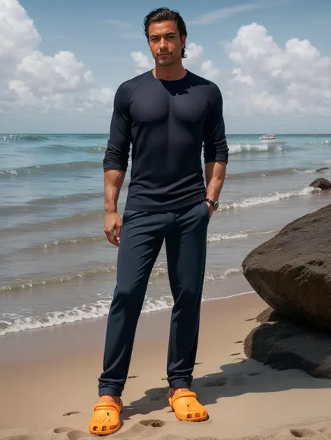 lifestyle photography, handsome man, in casual pants, wearing edgCrocs sandals, crocs, graceful, stunning, on the beach, footwear focus, (full body shot:1.3), high key lighting, photorealistic, 32k render, ultra high details  <lora:edgCrocs1:1>