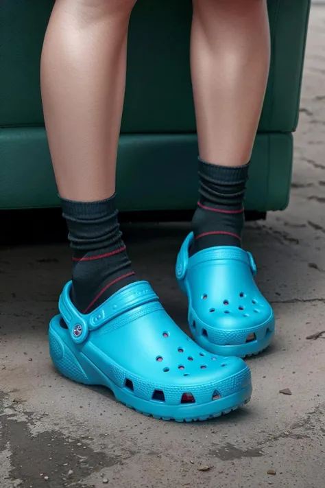 ((Masterpiece, best quality,edgQuality)),
edgCrocs, a person wearing crocs and socks ,wearing edgCrocs sandals, footwear focus
 <lora:edgCrocs1:1>