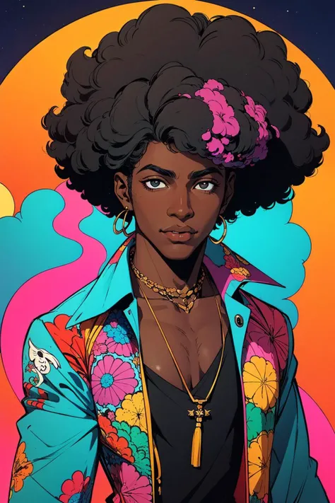 (best quality:1.1),original,1boy,stylish,trendy,smoking cannabis,afro,dark skin,flamboyant,1970's,psychedelic