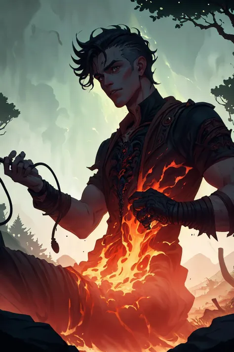 portrait of a handsome man, (cracking a whip), short black hair, (clean shaven), (1nf3rnalAI fantasy clothing:1.2), (lush trees:1.2), blue sky, (bright morning sunlight:1.1), (masterpiece:1.2), (best quality:1.2), (8k), (cinematic lighting), (sharp focus), (intricate) <lora:InfernalAIv8:1>