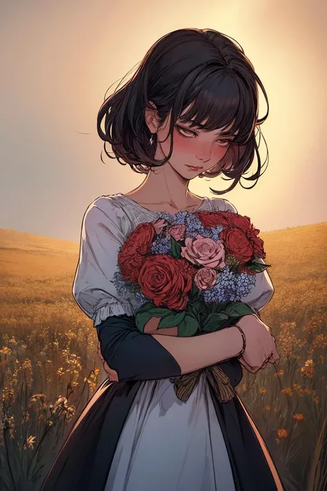 <lora:unhorny_v01:-1>, OverallDetail,
<lora:add_detail:0.5>,(best quality:1.1),original,1girl,holding bouquet,shy,soft lighting,blushing,looking away,simple clothing,peasant,field