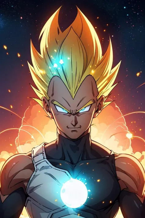 (best quality:1.1),original,1boy,<lora:dbz_vegeta:1>,vegeta,smirk,golden hair,space,(aura:1.2),(particle effects:1.2),(glowing:1.2),(radiant:1.2),closeup
