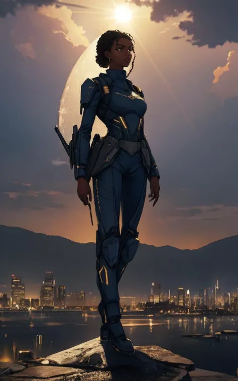 (perfect lighting:1.2),(dynamic photoshoot pose:1.2), (Layered Depth, Parallax Effect, Soft focus foreground,sharp 3d render:1.3),(high quality:1.4),(best quality:1.4),(masterpiece:1.4),official art,official wallpaper,surreal,(detailed landscape:1.1),(whimsical atmosphere:1.1),(powerful energy:1.1),vibrant colors,(detailed:1.05),(extremely detailed:1.06),sharp focus,(intricate:1.03),cinematic lighting,(extremely intricate:1.04),(adorned:1.09), (intense dramatic lighting), ((darkskinned woman in scifi militarystyle uniform standing in front of mechatank)), sharp angles, embellished with intricate gold braiding and medals, commanding posture, (dystopian cityscape in the background), ominous clouds, deep shadows, sense of urgency and power,