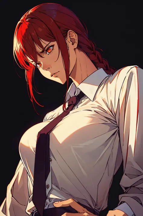 <lora:makima_offset:1>,(best quality:1.1),makima \(chainsaw man\),finger raised,(cinematic:1.3),(dramatic:1.3),close-up,(emotionless:1.3),red hair,long braided hair,golden eyes,bangs,medium breasts,white shirt,necktie