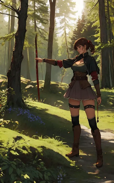 (perfect lighting:1.2),(dynamic photoshoot pose:1.2), (Layered Depth, Parallax Effect, Soft focus foreground,sharp 3d render:1.3),(high quality:1.4),(best quality:1.4),(masterpiece:1.4),official art,official wallpaper,surreal,(detailed landscape:1.1),(whimsical atmosphere:1.1),(powerful energy:1.1),vibrant colors,(detailed:1.05),(extremely detailed:1.06),sharp focus,(intricate:1.03),cinematic lighting,(extremely intricate:1.04),(adorned:1.09), (clothed, masterpiece, wide angle, cinematic establishing shot, young adult european woman, highly detailed background:1.2), volumetric lighting, subsurface scattering, dynamic pose, (special effects, color grading, fantasy aura), (Sylvan Archer:1.4), (Cleavage, Large Covered breasts:0.81), Woodland path, quiver of arrows, leafy garb, animal guide