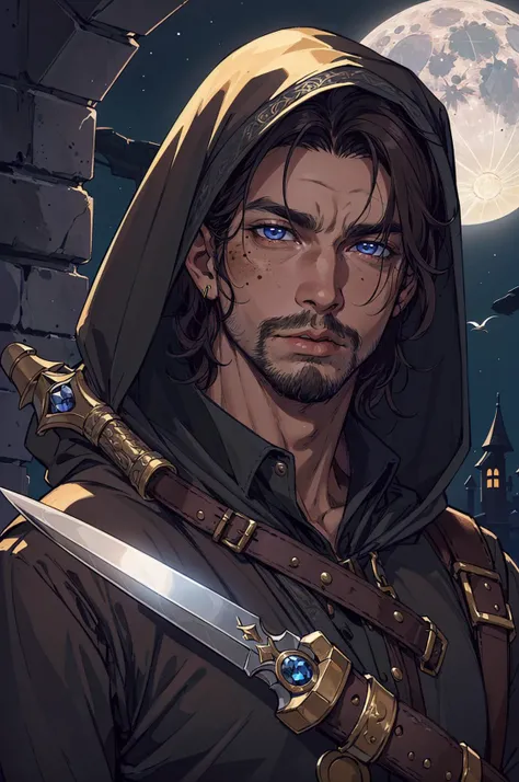 (best quality:1.1),original,(unique accessories:1.1),(medieval fantasy:1.1),professionally retouched,(close-up:1.1),portrait,(moon:1.1),(midnight:1.1),in an aqueduct,(male:1.4) rogue,(hooded:1.2),(daggers:1.1),(dirty:1.1),(young:1.3),(looking down:1.2),(blemishes:1.2),(moles:1.1),goatee,dark hair
