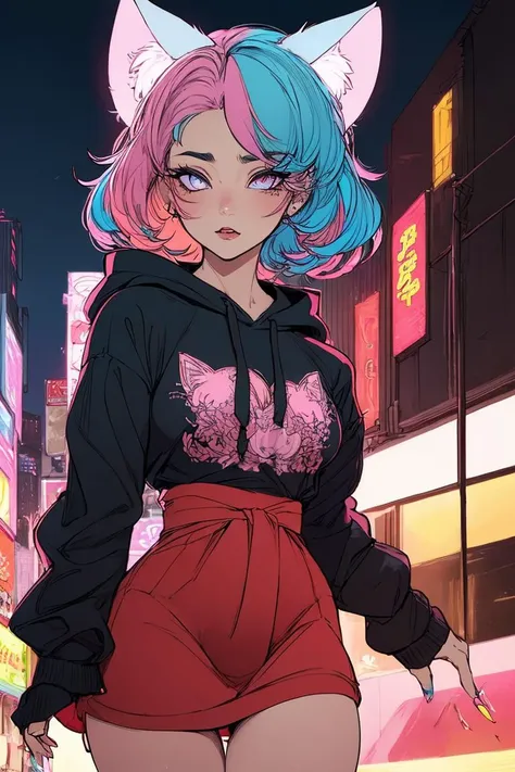 <lora:unhorny_v01:-1>, (OverallDetail:1.1), (sharp:1.3)
(best quality, masterpiece, detailed, highest detailed) anime-style girl, oversized hoodie, cat ear accessories, (candy-colored hair:1.2), mismatched eyes, (animated expressions:1.3), (kawaii aesthetic:1.4), (urban backdrop:1.2), (waist up), (night shot, neon city lights), (dynamic angle).