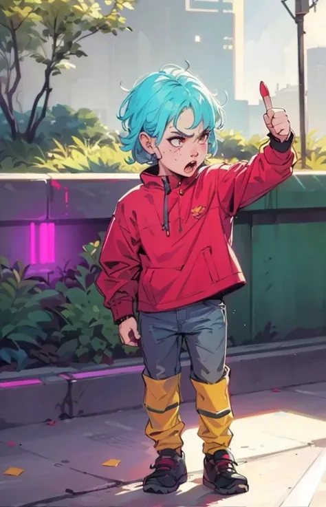 , angry, (pointing by finger:1.4), whim, art, cyberpunk illustration, realistic, realistic detail, (Sharp focus:1.2), colors, (masterpiece:1.2), (best quality:1.0), (ultra highres:1.0)