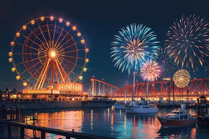 <lora:add_detail:0.5>,(best quality:1.1),ferris wheel,midnight,neon lights,fireworks,(cinematic:1.3),wonderous and amazing,a spectacle to behold