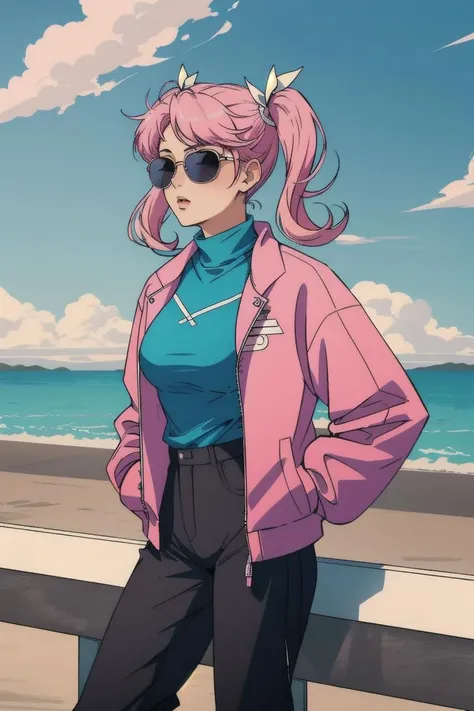 tomboy, assertive, confident look, 1girl, best quality, masterpiece, half body, view from knees up, standing, small breast, sporty jacket, pants, sunglasses, pink, blue, pale colors, pastels, looking straight at the viewer, arms behind back, medium hair (twin-tails),