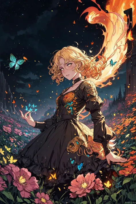 [ : shifted reality, elemental butterflies rage, broken reflections, magic fireflies tornado,
liquid fire flow, chaotic flowers, fierce night,
(A charming 24 yo Swedish curly blonde),
heartbreaking fantasy art, mind-blowing painting, unreal scenery : 0.1]