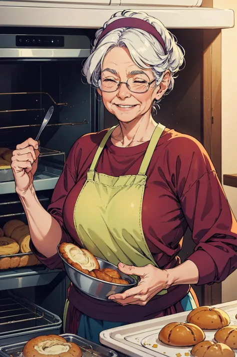 (best quality:1.1),original,1girl,elderly woman,grandma,baking,oven mitt,smile,eyes closed,depth of field,blurry background,bokeh,(dramatic:1.3)