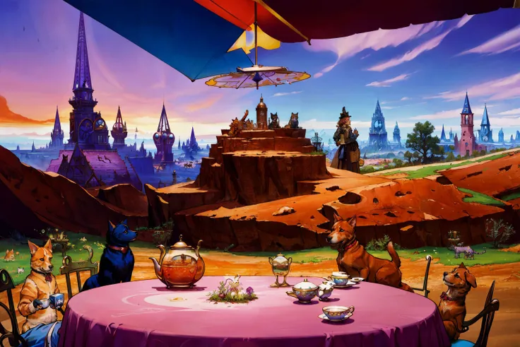masterpiece,best quality,extremely detailed,dogs,cats,dream world,at a tea party,(impossible geometry:1.2),supernatural,fantasy western,(surrealism:1.4),cinematic shot,