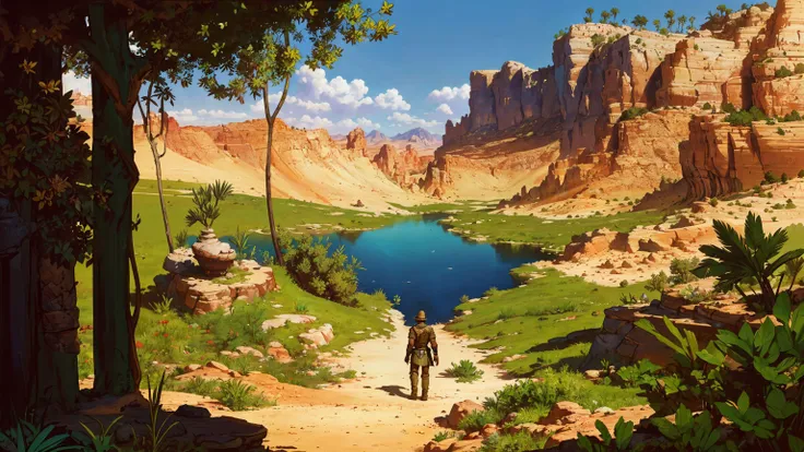 grass and rocks,masterpiece,best quality,extreme detail,(cinematic shot:1.2),(a tribal adventuring party in the distance:1.2),in the desert,(a lush oasis:1.2),pond,harsh sunlight,(heat distortion:1.1),(depth of field:1.1),footprints,angled high,(super long shot:1.2),