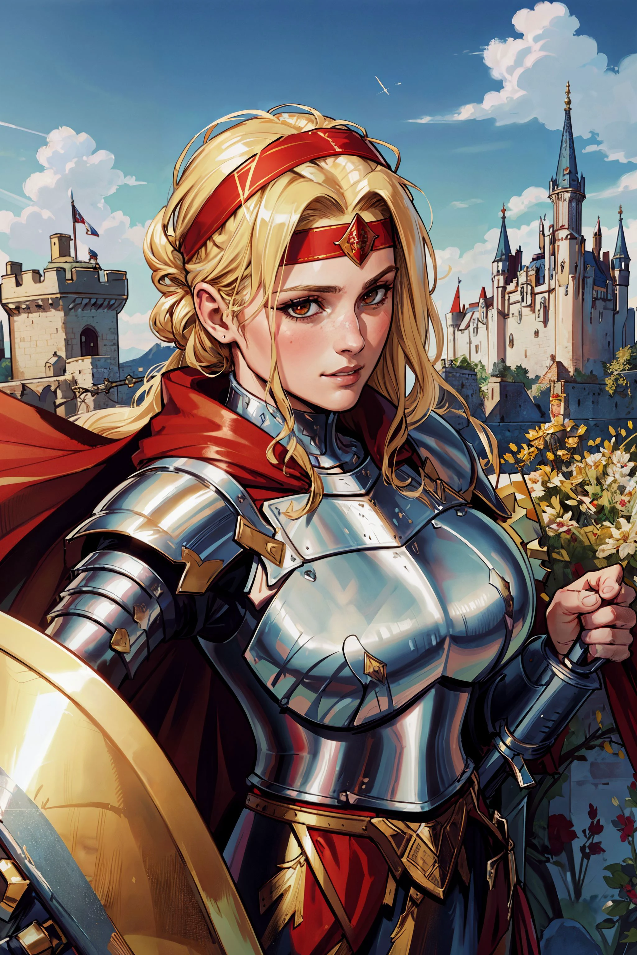 masterpiece,best quality,original character,close up portrait,female knight with sword and shield,castle background,extreme detail,looking at the camera,(middle-aged,40yo,mature),blemishes,metallic headband with translucent veil,heavy armor,blond hair,red cape,hair tied back,