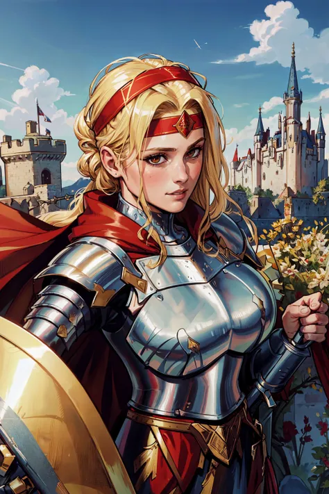 masterpiece,best quality,original character,close up portrait,female knight with sword and shield,castle background,extreme detail,looking at the camera,(middle-aged,40yo,mature),blemishes,metallic headband with translucent veil,heavy armor,blond hair,red cape,hair tied back,