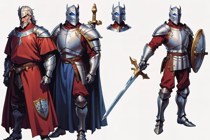 character design sketches,(masterpiece:1.1),(best quality:1.1),extremely detailed,(original design:1.1),(random poses:1.1),(unique accessories:1.1),(medieval fantasy:1.1),professionally retouched,white background,(male:1.1) knight,sword and shield,heavy armor,(helmet:0.7)