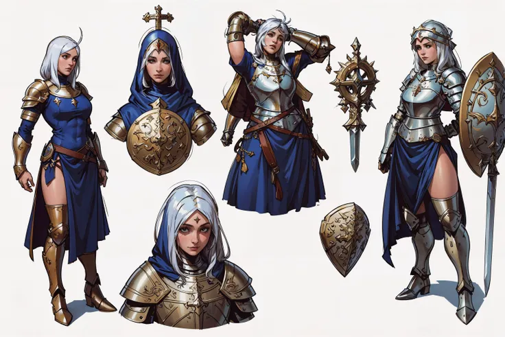character design sketches,concept scribbles,(masterpiece:1.1),(best quality:1.1),extremely detailed,(original design:1.1),(random poses:1.1),(unique accessories:1.1),(medieval fantasy:1.1),professionally retouched,white background,(female:1.1) knight,sword and shield,heavy armor,(helmet:0.7),(holy:1.2),(divine:1.2),(old:1.3)