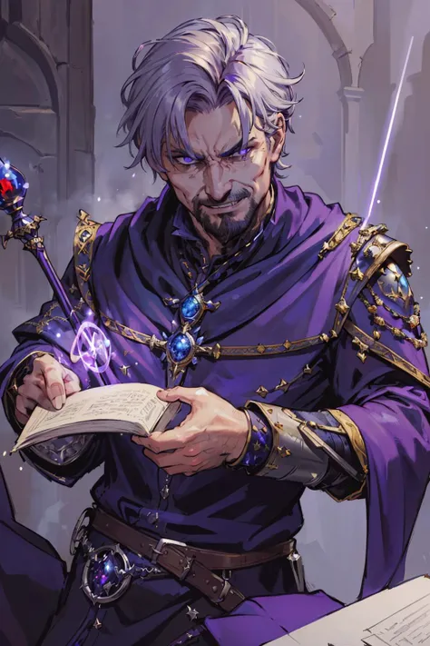 (masterpiece:1.1),(best quality:1.1),extremely detailed,(original design:1.1),(unique accessories:1.1),(medieval fantasy:1.1),professionally retouched,(close-up:1.1),portrait,evening,in a study,male sorcerer,(infused with blue magical energy:1.2),staff,(tattered:1.2),(evil:1.4),(purple cloak:0.9),particle effects,(arrogant:1.4),smirk,grey hair,(short hair:0.9)