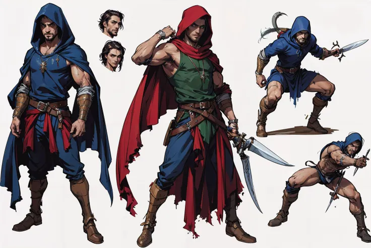 character ((design sketches)),(masterpiece),extremely detailed,(original design),(random poses),(unique accessories),(medieval fantasy),professionally retouched,white background,(male:1.1) rogue,(hooded:0.8),daggers,(dirty:1.1),(movement:0.8),(young:1.3),(sprinting:0.6)