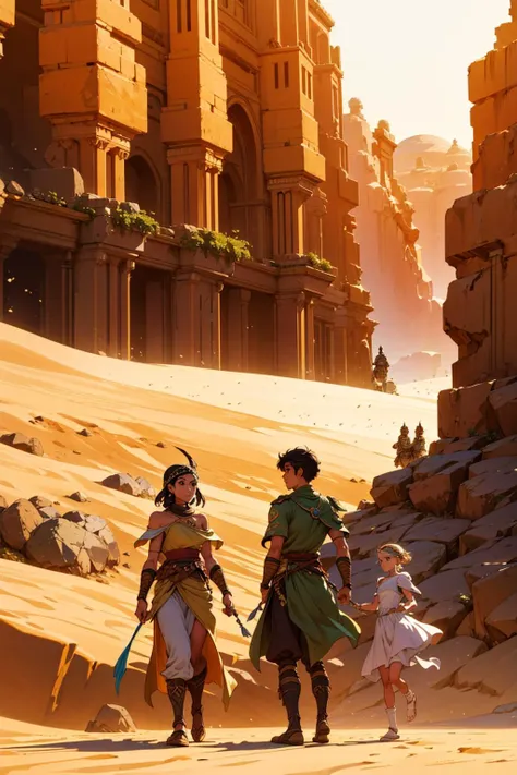 (masterpiece,best quality,absurdres,lineart:1),original design,epic fantasy,(eastern:1.2) kingdom,(vast desert:1.2),sand dunes,sparce flora,sparce fauna,(stone structures:1.1),(insects:0.9),(bones:0.9),(rocks:0.9),(heat distortion:1.2),blurry foreground,harsh sunlight,(populated:0.9),(common folk:0.9),(guardsmen:0.9),(soldiers:0.9),(caravan:0.9)