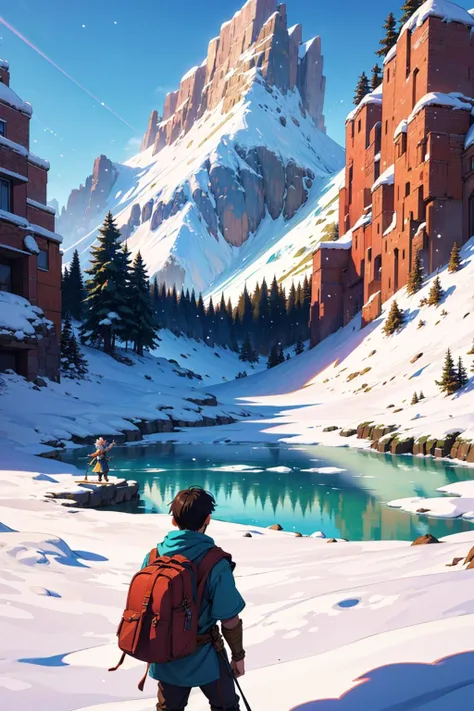 (masterpiece,best quality,absurdres,lineart:1),original design,epic fantasy,through the mountains,(travelling adventurers:1.1),snow,(frozen lake:1.1),particle effects,(sunlight:1.1)
