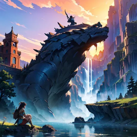 (masterpiece,best quality,absurdres,lineart:1),original design,(epic fantasy:1.4),(cinematic:1.1),1girl,sitting,in water,BREAK,
(masterpiece,best quality,absurdres,lineart:1),original design,(epic fantasy:1.4),(cinematic:1.1),giant (stone:1.1) statue,waterfall
