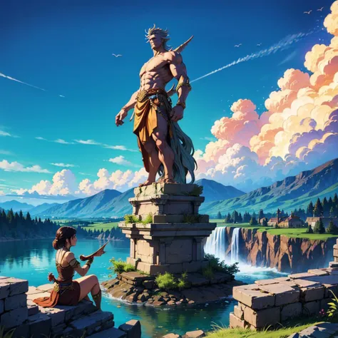 (masterpiece,best quality,absurdres,lineart:1),original design,(epic fantasy:1.4),(cinematic:1.1),1girl,sitting,in water,BREAK,
(masterpiece,best quality,absurdres,lineart:1),original design,(epic fantasy:1.4),(cinematic:1.1),giant (stone:1.1) statue,waterfall