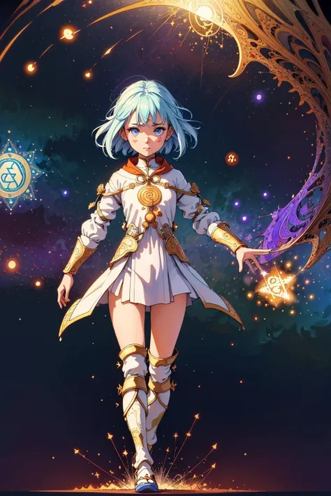 (masterpiece,best quality,absurdres,lineart:1),original design,epic fantasy,(cinematic:1.5),1girl,youthful mage child,walking towards camera,(fractal patterns:1.5),(mystic symbols:1.5),(particle effects:1.5),(extremely detailed:1.5)